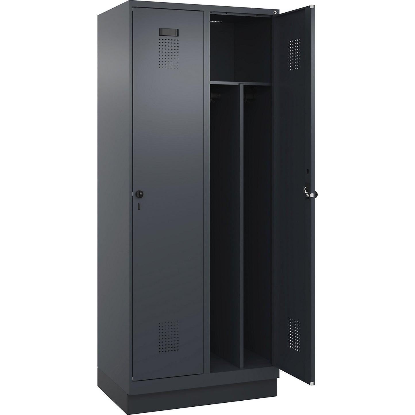 Evolo PLUS clean and dirty clothes locker, narrow, 2 compartments, shortened centre divider, grey, W 800 mm, with base plinth, security rotary bolt.