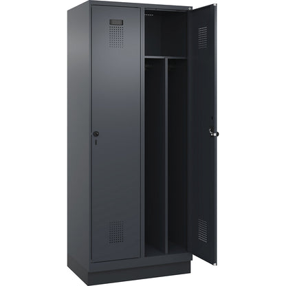 Evolo PLUS clean and dirty clothes locker, narrow, 2 compartments, shortened centre divider, grey, W 800 mm, with base plinth, security rotary bolt.