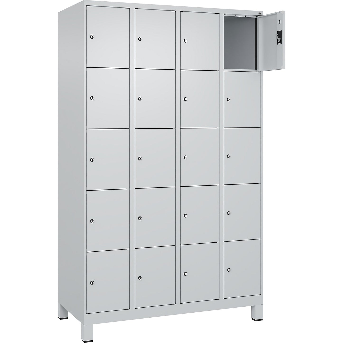 Evolo PLUS 5-fold compartment locker, 4 compartments, light grey, W 1200 mm, 20 compartments, with wide feet, cylinder lock.