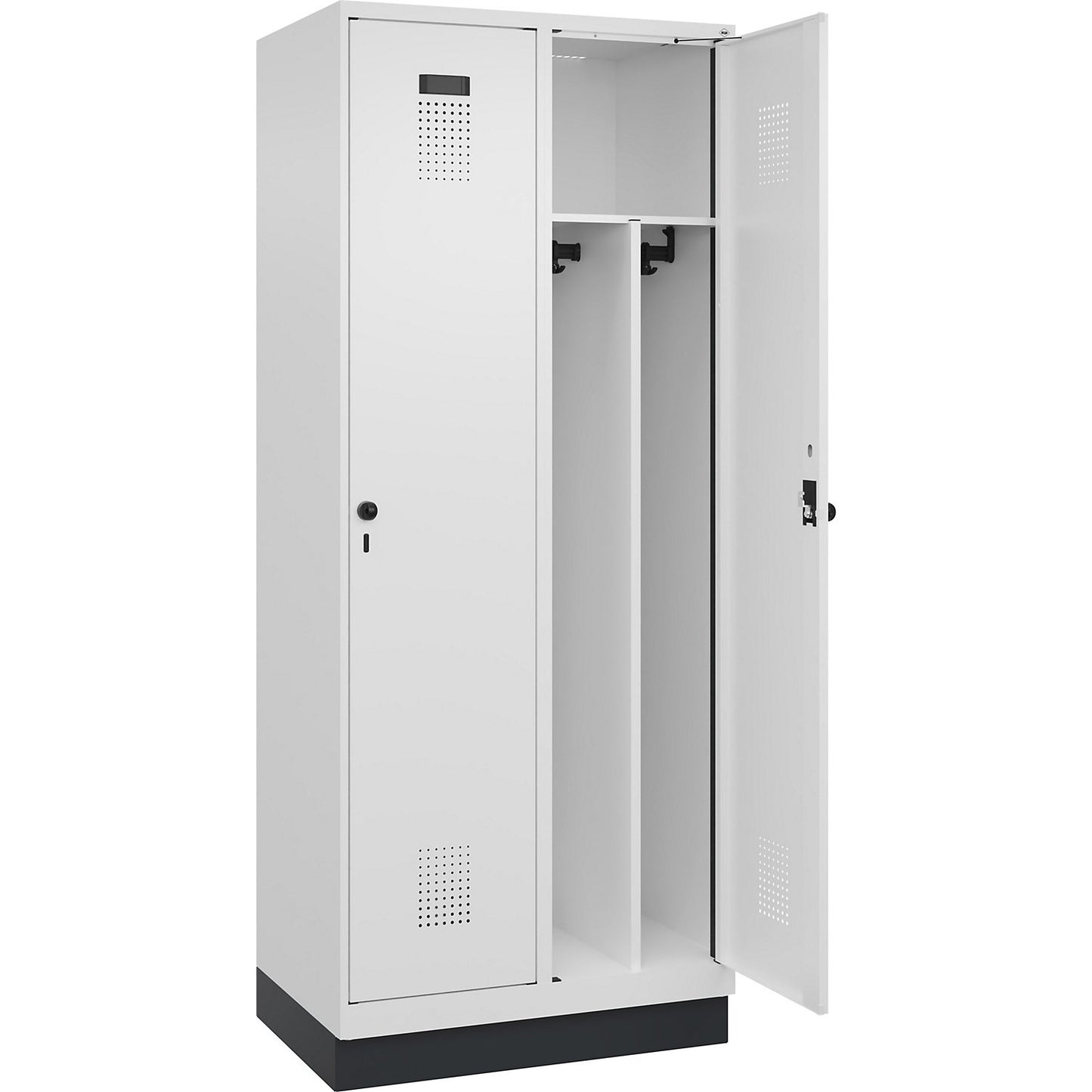 Evolo PLUS clean and dirty clothes locker, narrow, 2 compartments, shortened centre divider, white, W 800 mm, with base plinth, security rotary bolt.