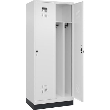 Evolo PLUS clean and dirty clothes locker, narrow, 2 compartments, shortened centre divider, white, W 800 mm, with base plinth, security rotary bolt.