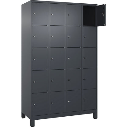 Evolo PLUS 5-fold compartment locker, 4 compartments, grey, W 1200 mm, 20 compartments, with wide feet, cylinder lock.