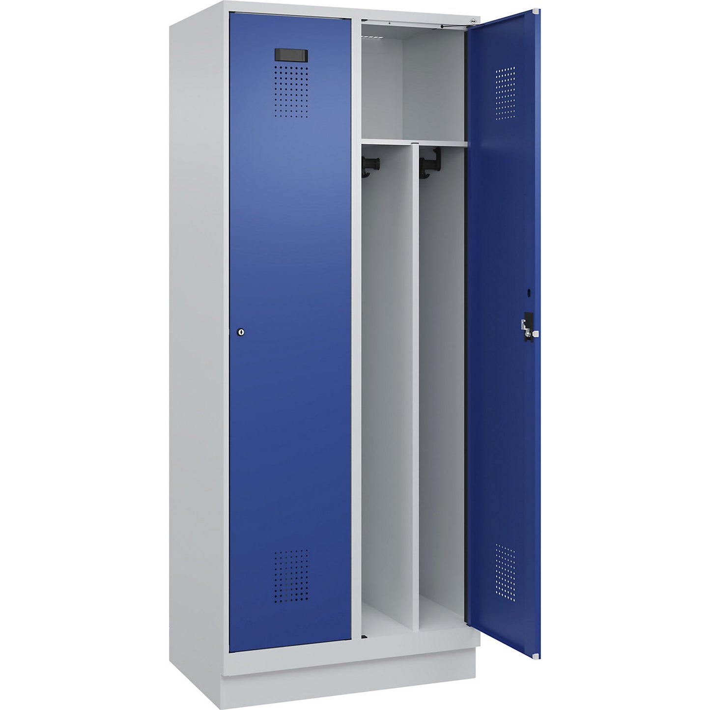 Evolo PLUS clean and dirty clothes locker, narrow, 2 compartments, shortened centre divider, light grey / gentian blue, W 800 mm, with base plinth, cylinder lock.
