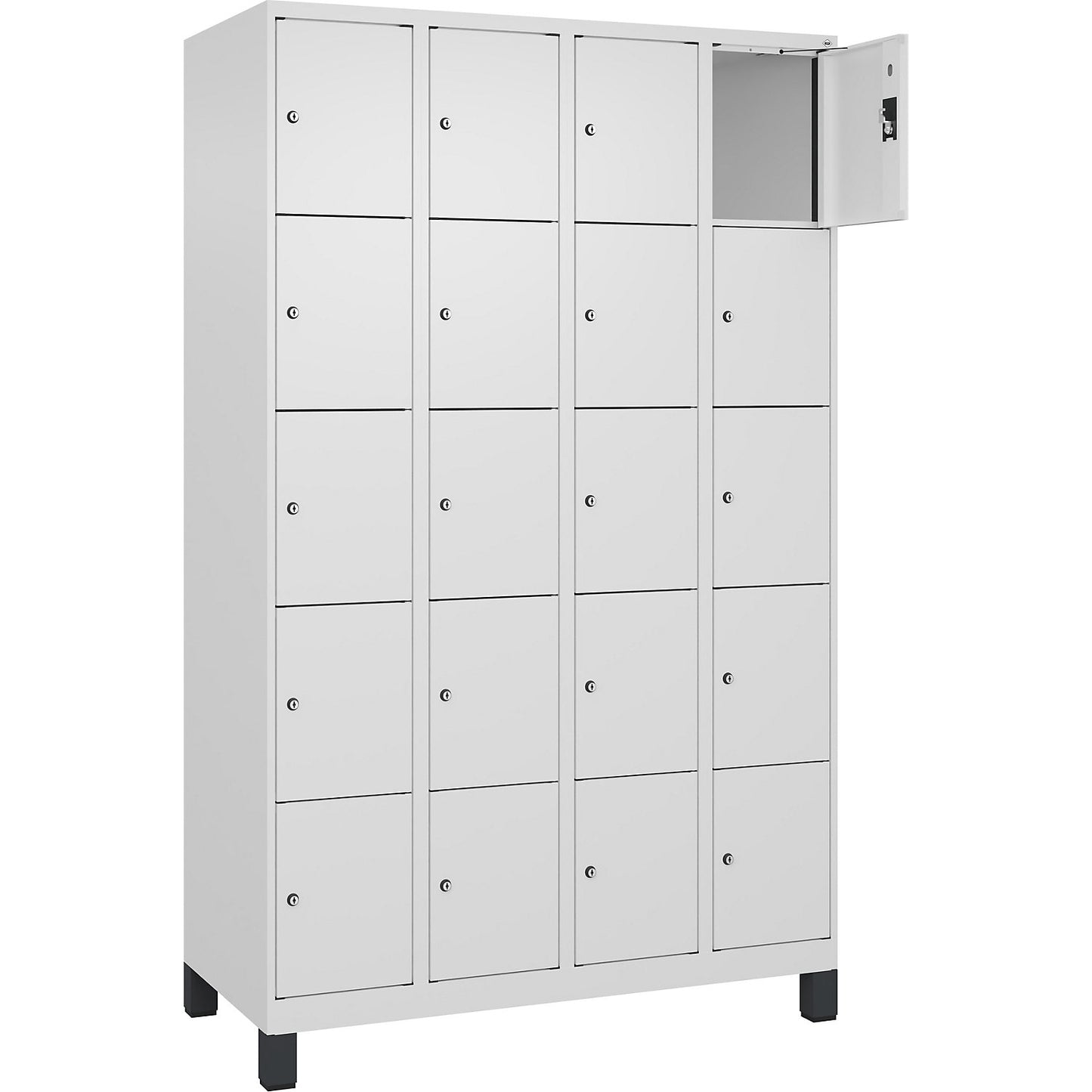 Evolo PLUS 5-fold compartment locker, 4 compartments, white, W 1200 mm, 20 compartments, with wide feet, cylinder lock.