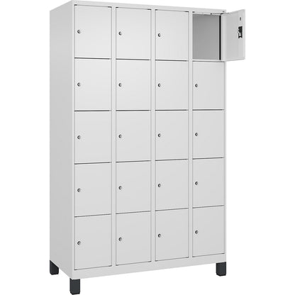 Evolo PLUS 5-fold compartment locker, 4 compartments, white, W 1200 mm, 20 compartments, with wide feet, cylinder lock.