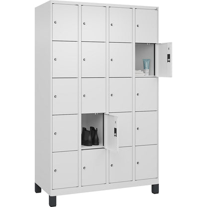 Evolo PLUS 5-fold compartment locker, 4 compartments, white, W 1200 mm, 20 compartments, with wide feet, cylinder lock.