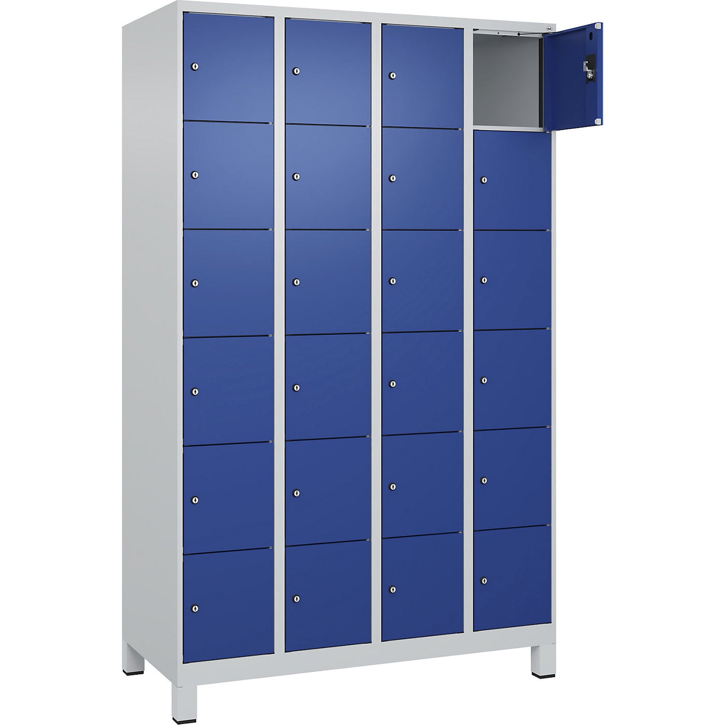 Evolo PLUS 6-fold compartment locker, 4 compartments, light grey / gentian blue, W 1200 mm, 24 compartments, with wide feet, cylinder lock.