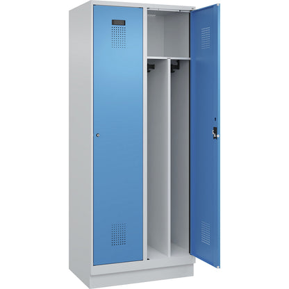 Evolo PLUS clean and dirty clothes locker, narrow, 2 compartments, shortened centre divider, light grey / light blue, W 800 mm, with base plinth, cylinder lock.