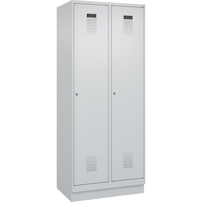 Evolo PLUS clean and dirty clothes locker, narrow, 2 compartments, shortened centre divider, light grey, W 800 mm, with base plinth, cylinder lock.