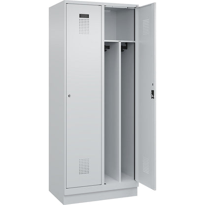 Evolo PLUS clean and dirty clothes locker, narrow, 2 compartments, shortened centre divider, light grey, W 800 mm, with base plinth, cylinder lock.