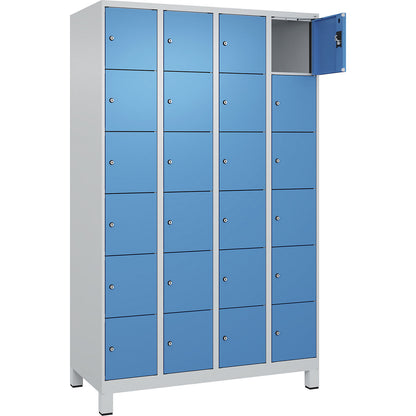 Evolo PLUS 6-fold compartment locker, 4 compartments, light grey / light blue, W 1200 mm, 24 compartments, with wide feet, cylinder lock.
