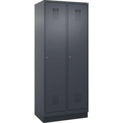 Evolo PLUS clean and dirty clothes locker, narrow, 2 compartments, shortened centre divider, grey, W 800 mm, with base plinth, cylinder lock.