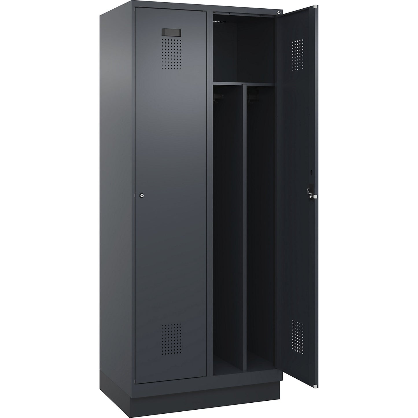 Evolo PLUS clean and dirty clothes locker, narrow, 2 compartments, shortened centre divider, grey, W 800 mm, with base plinth, cylinder lock.