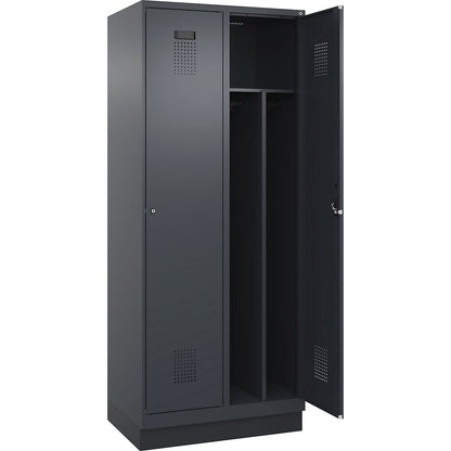 Evolo PLUS clean and dirty clothes locker, narrow, 2 compartments, shortened centre divider, grey, W 800 mm, with base plinth, cylinder lock.