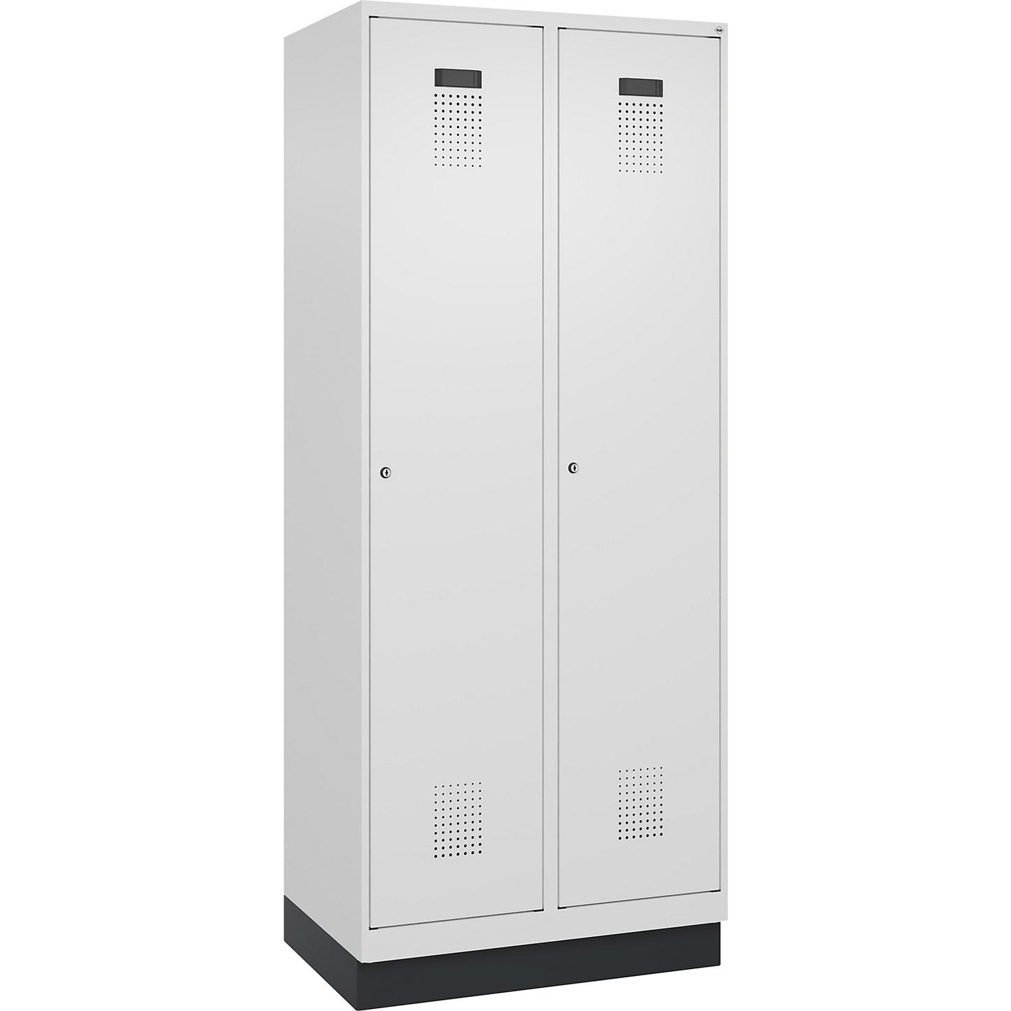 Evolo PLUS clean and dirty clothes locker, narrow, 2 compartments, shortened centre divider, white, W 800 mm, with base plinth, cylinder lock.