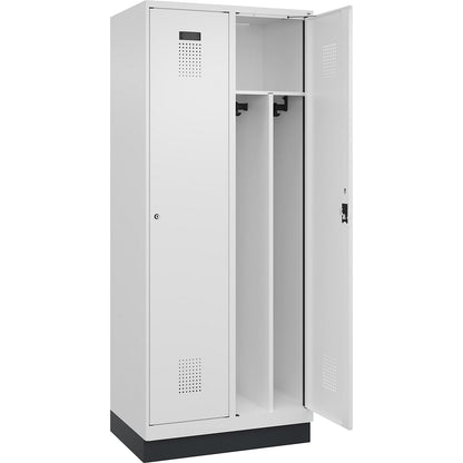Evolo PLUS clean and dirty clothes locker, narrow, 2 compartments, shortened centre divider, white, W 800 mm, with base plinth, cylinder lock.