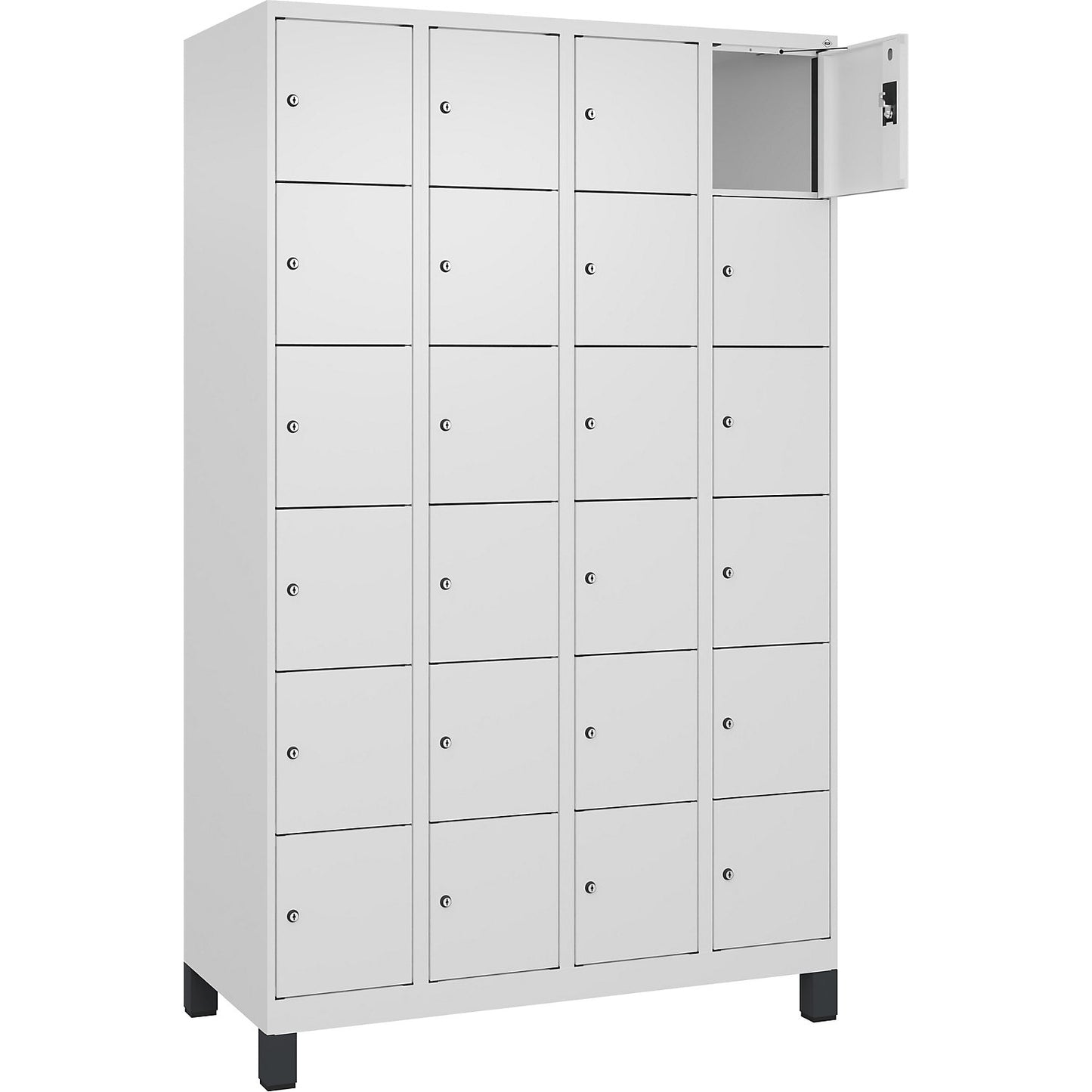 Evolo PLUS 6-fold compartment locker, 4 compartments, white, W 1200 mm, 24 compartments, with wide feet, cylinder lock.