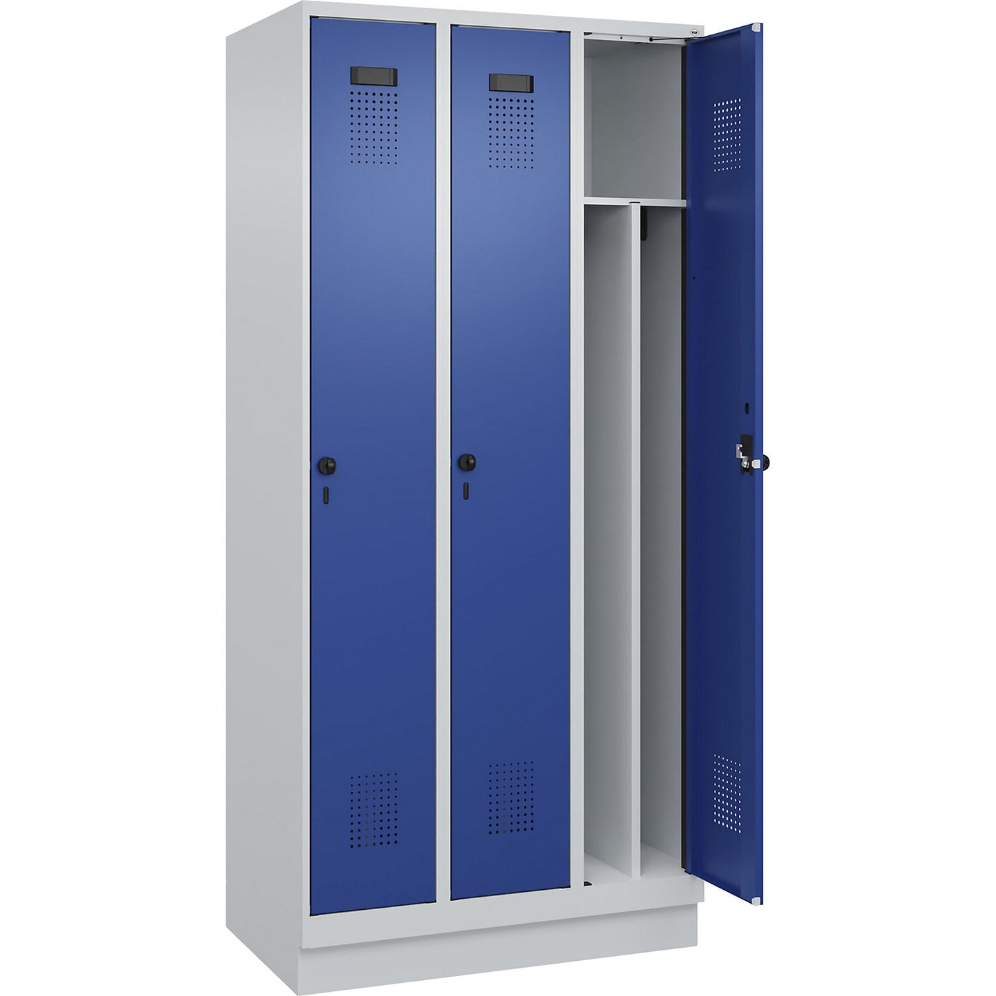 Evolo PLUS clean and dirty clothes locker, narrow, 3 compartments, shortened centre divider, light grey / gentian blue, W 900 mm, with base plinth, security rotary bolt.