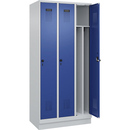 Evolo PLUS clean and dirty clothes locker, narrow, 3 compartments, shortened centre divider, light grey / gentian blue, W 900 mm, with base plinth, security rotary bolt.