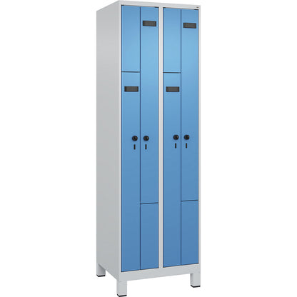 Evolo PLUS Z-locker, 2 compartments, light grey / light blue, W 600 mm, 4 compartments, with wide feet, security rotary bolt.