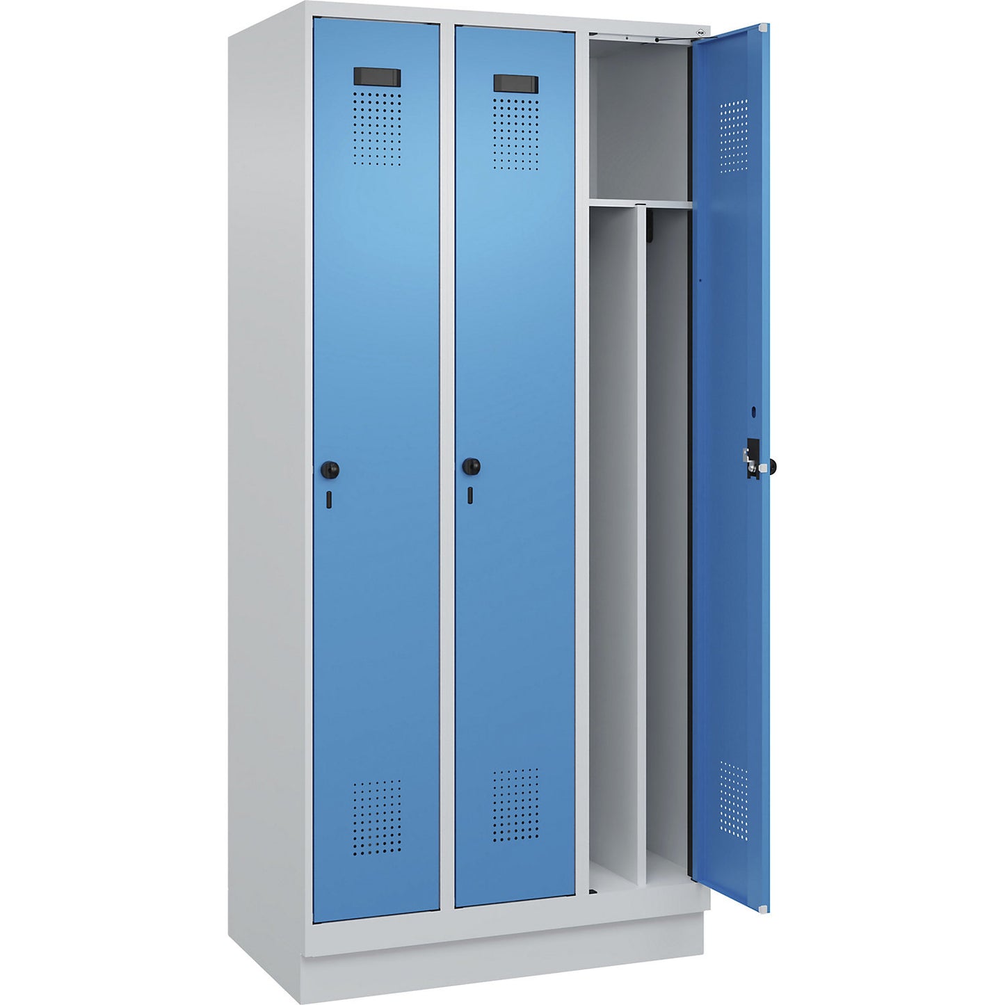 Evolo PLUS clean and dirty clothes locker, narrow, 3 compartments, shortened centre divider, light grey / light blue, W 900 mm, with base plinth, security rotary bolt.