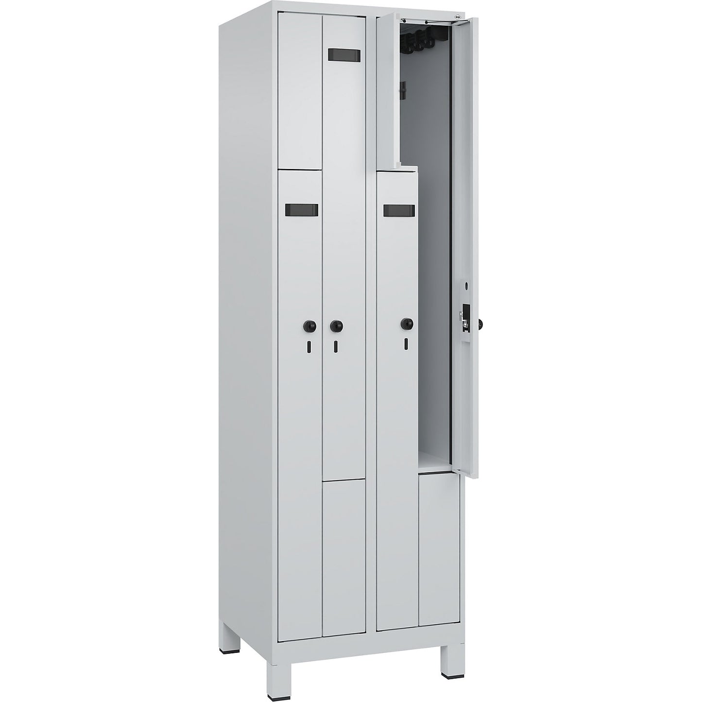 Evolo PLUS Z-locker, 2 compartments, light grey, W 600 mm, 4 compartments, with wide feet, security rotary bolt.