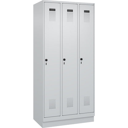 Evolo PLUS clean and dirty clothes locker, narrow, 3 compartments, shortened centre divider, light grey, W 900 mm, with base plinth, security rotary bolt.