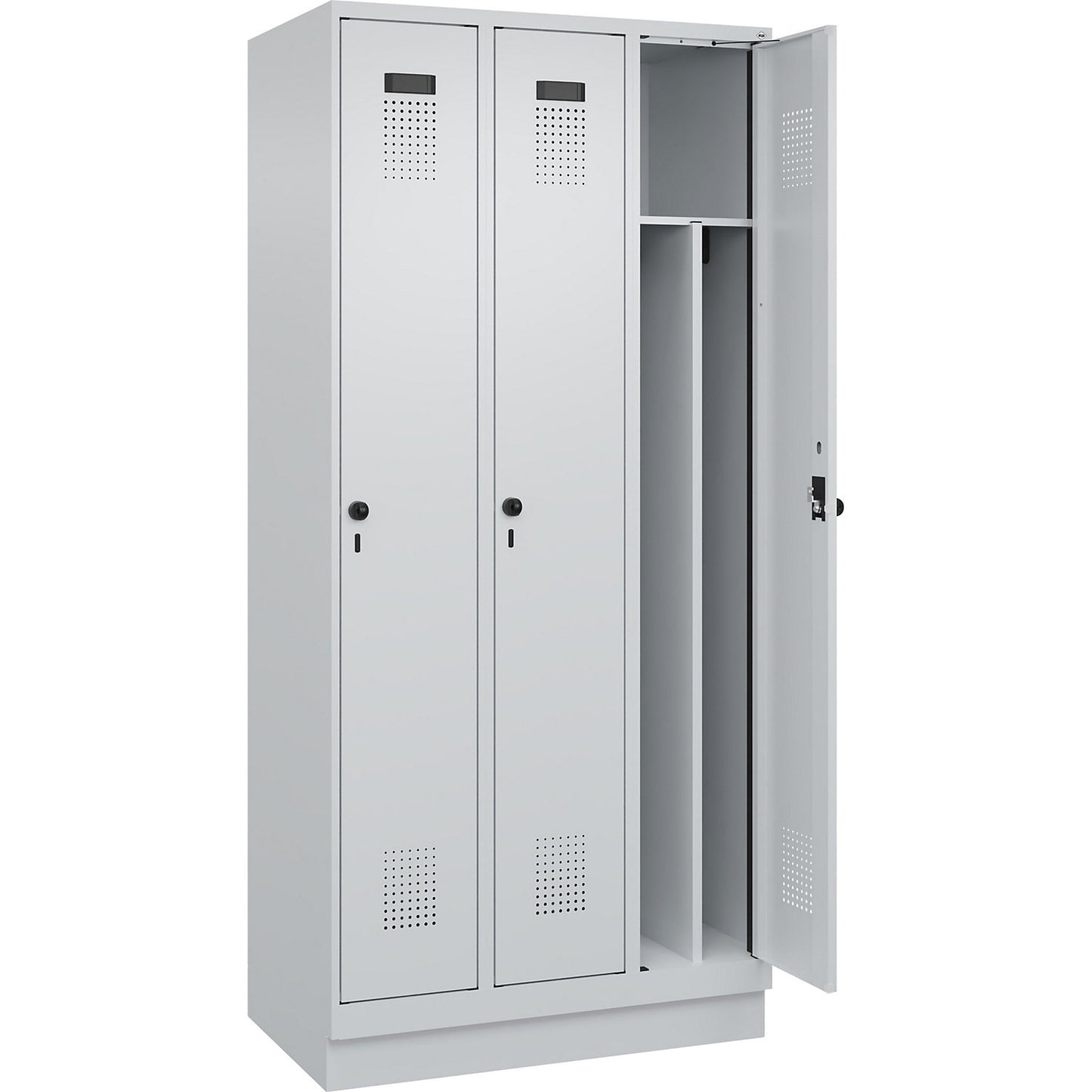 Evolo PLUS clean and dirty clothes locker, narrow, 3 compartments, shortened centre divider, light grey, W 900 mm, with base plinth, security rotary bolt.