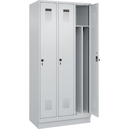 Evolo PLUS clean and dirty clothes locker, narrow, 3 compartments, shortened centre divider, light grey, W 900 mm, with base plinth, security rotary bolt.