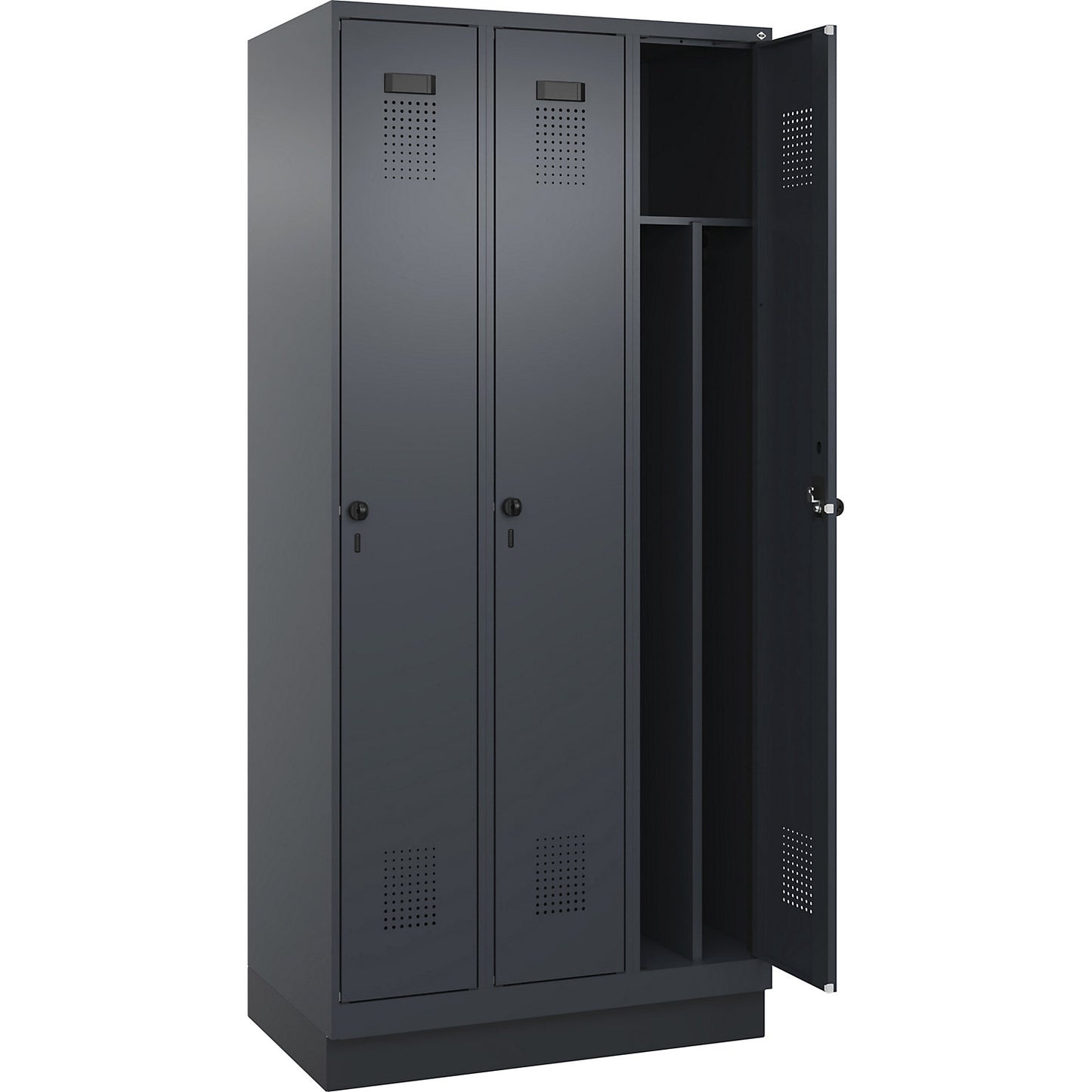 Evolo PLUS clean and dirty clothes locker, narrow, 3 compartments, shortened centre divider, grey, W 900 mm, with base plinth, security rotary bolt.