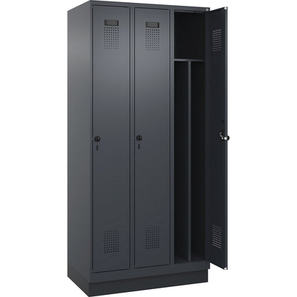 Evolo PLUS clean and dirty clothes locker, narrow, 3 compartments, shortened centre divider, grey, W 900 mm, with base plinth, security rotary bolt.