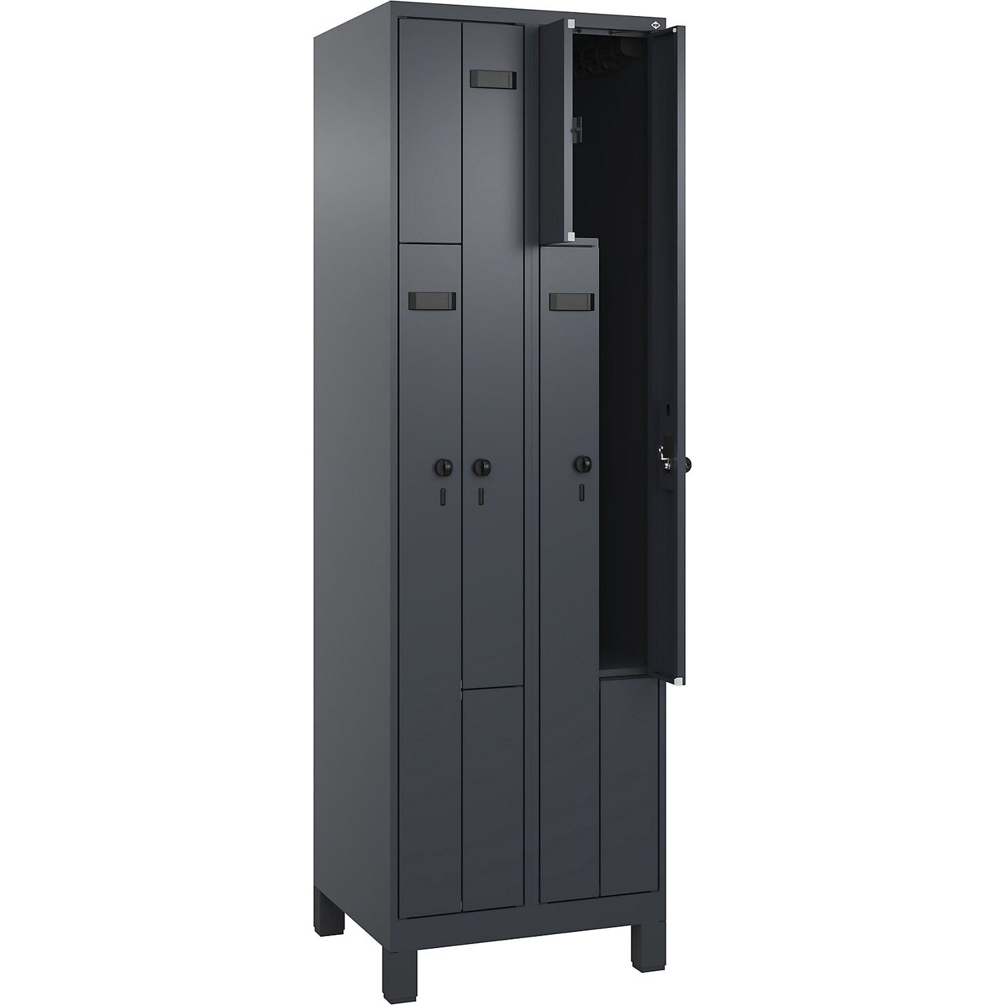 Evolo PLUS Z-locker, 2 compartments, grey, W 600 mm, 4 compartments, with wide feet, security rotary bolt.