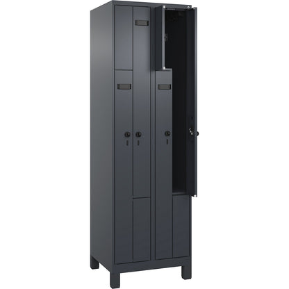 Evolo PLUS Z-locker, 2 compartments, grey, W 600 mm, 4 compartments, with wide feet, security rotary bolt.
