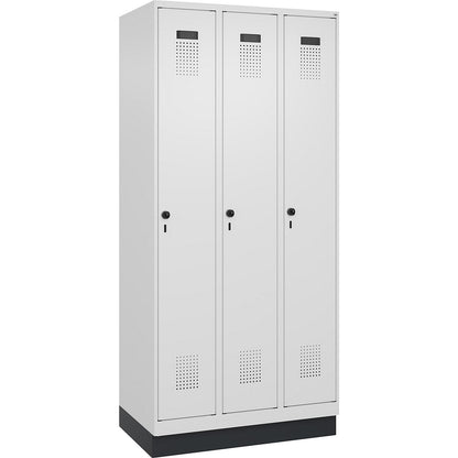 Evolo PLUS clean and dirty clothes locker, narrow, 3 compartments, shortened centre divider, white, W 900 mm, with base plinth, security rotary bolt.