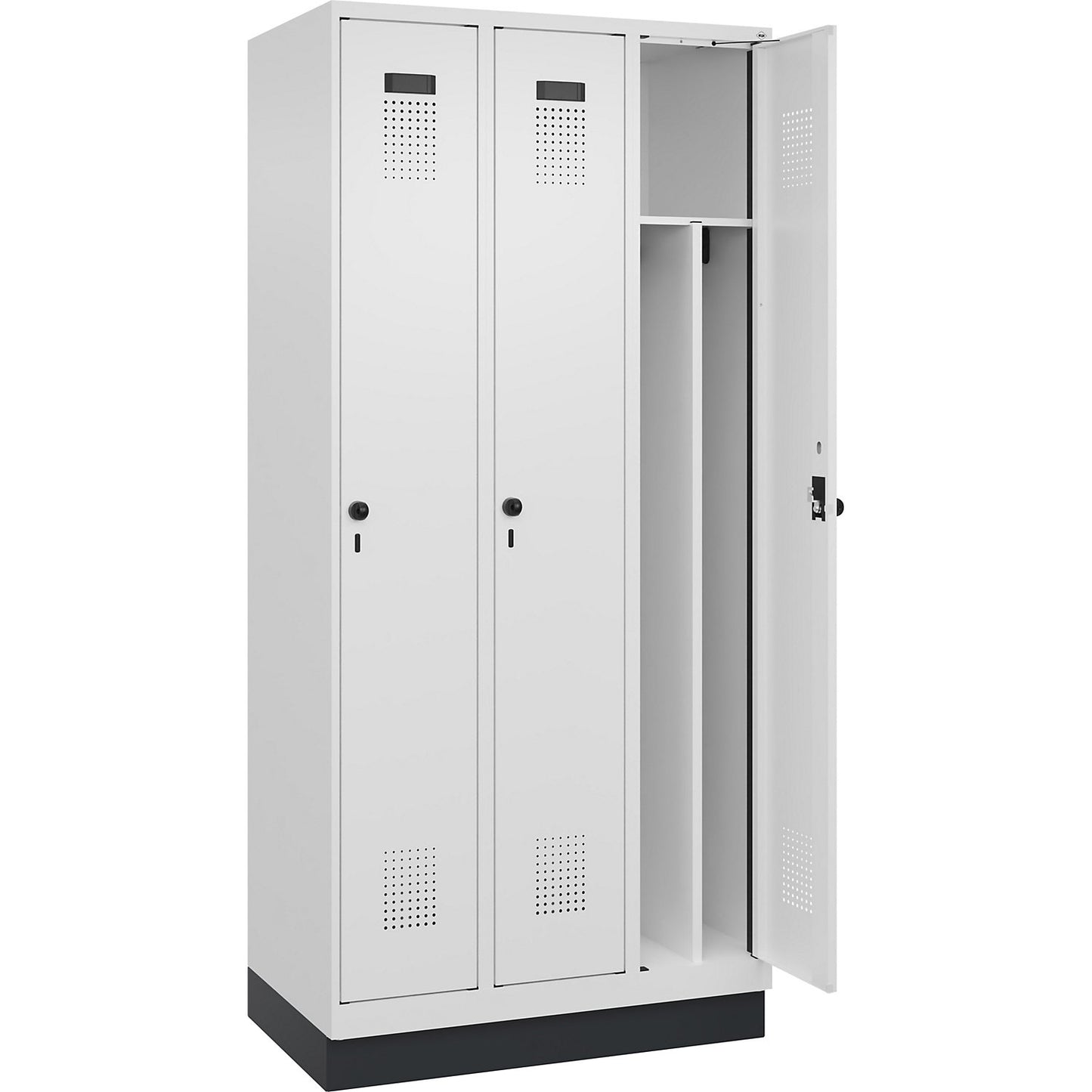 Evolo PLUS clean and dirty clothes locker, narrow, 3 compartments, shortened centre divider, white, W 900 mm, with base plinth, security rotary bolt.