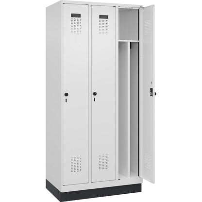Evolo PLUS clean and dirty clothes locker, narrow, 3 compartments, shortened centre divider, white, W 900 mm, with base plinth, security rotary bolt.