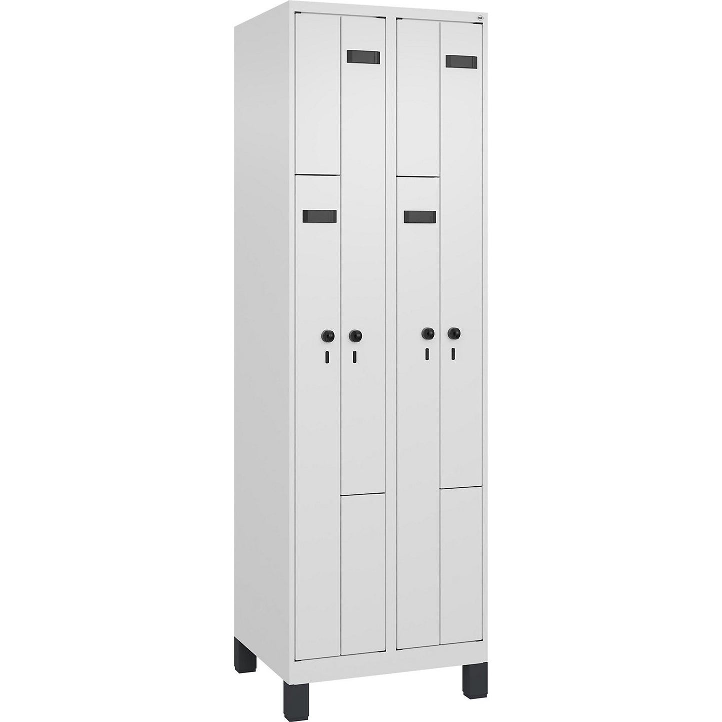 Evolo PLUS Z-locker, 2 compartments, white, W 600 mm, 4 compartments, with wide feet, security rotary bolt.
