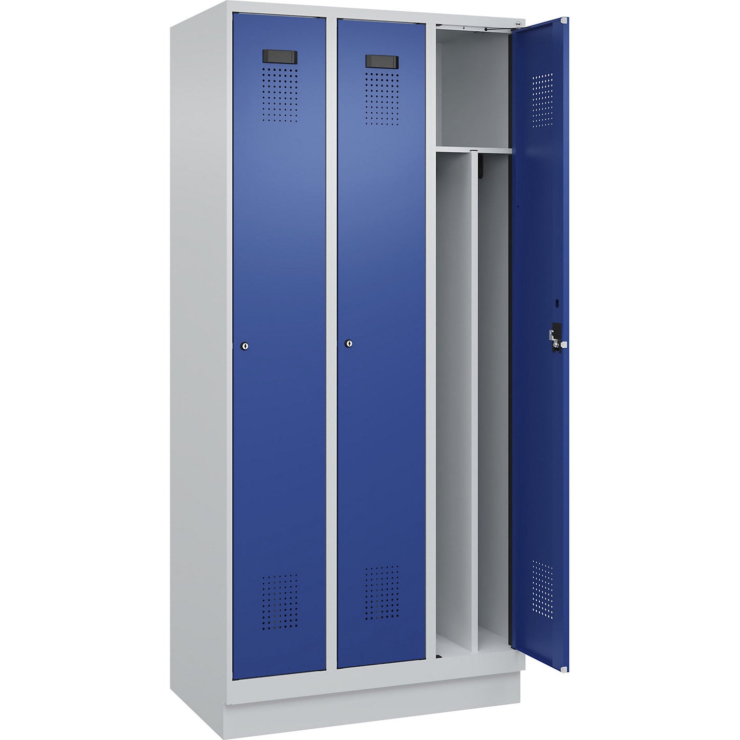 Evolo PLUS clean and dirty clothes locker, narrow, 3 compartments, shortened centre divider, light grey / gentian blue, W 900 mm, with base plinth, cylinder lock.