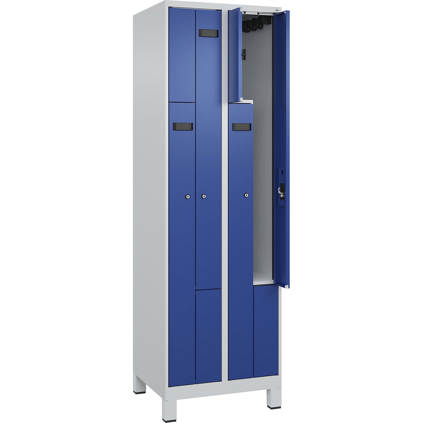 Evolo PLUS Z-locker, 2 compartments, light grey / gentian blue, W 600 mm, 4 compartments, with wide feet, cylinder lock.