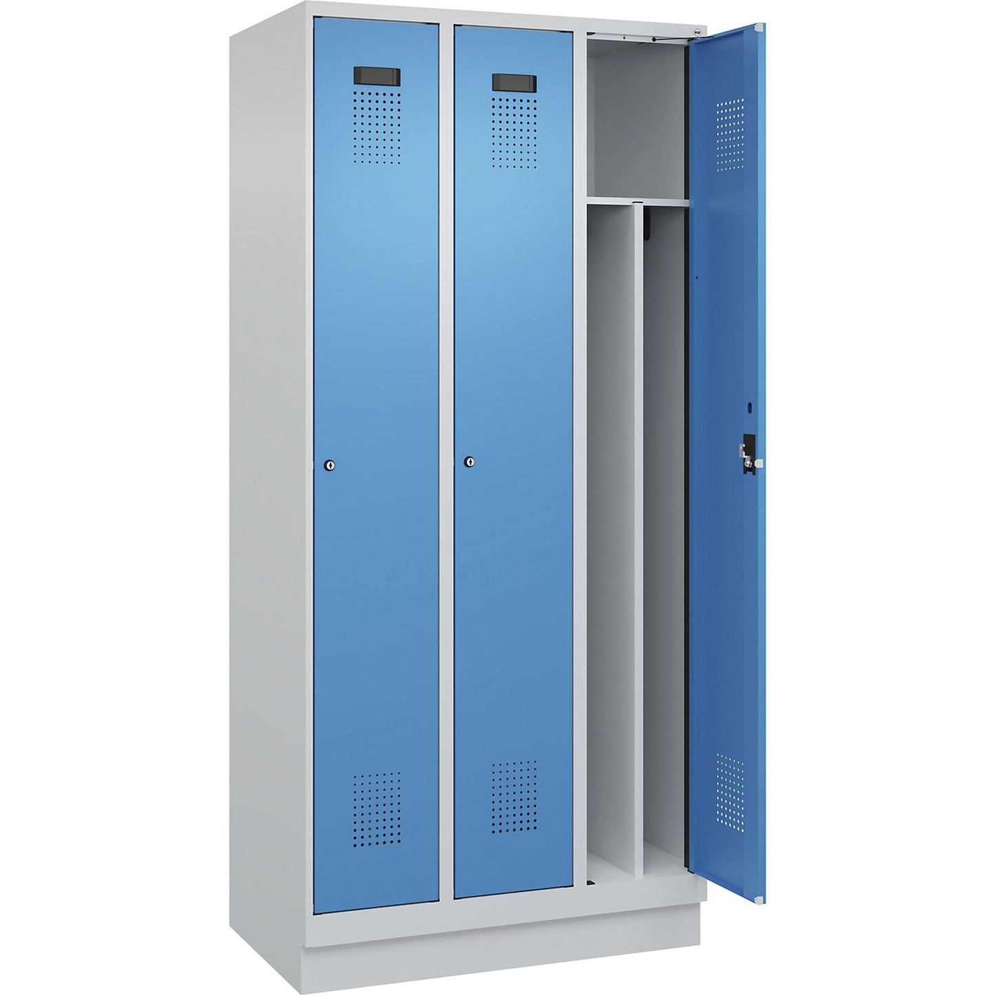 Evolo PLUS clean and dirty clothes locker, narrow, 3 compartments, shortened centre divider, light grey / light blue, W 900 mm, with base plinth, cylinder lock.