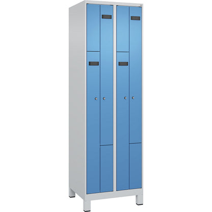 Evolo PLUS Z-locker, 2 compartments, light grey / light blue, W 600 mm, 4 compartments, with wide feet, cylinder lock.