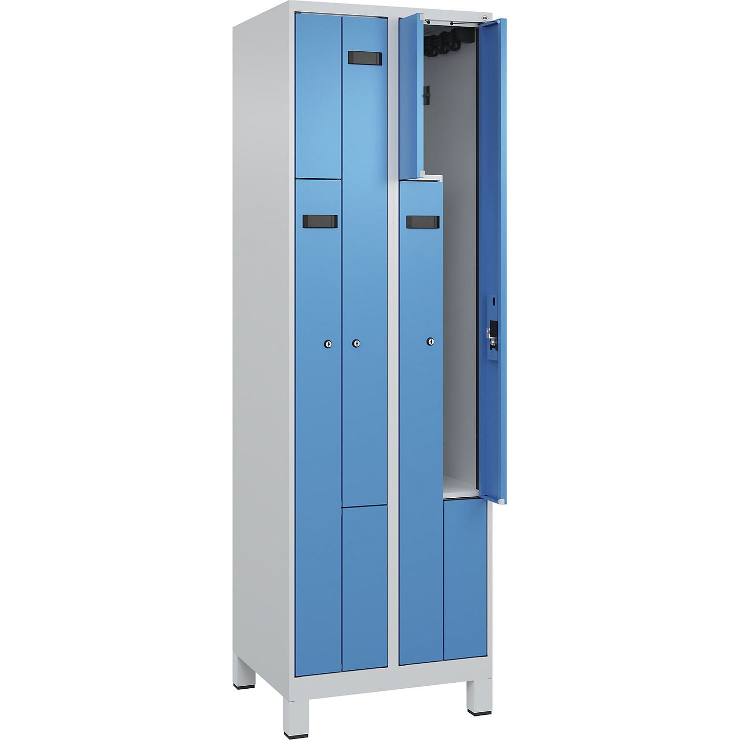 Evolo PLUS Z-locker, 2 compartments, light grey / light blue, W 600 mm, 4 compartments, with wide feet, cylinder lock.