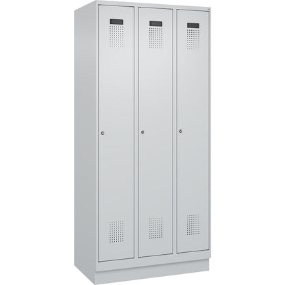 Evolo PLUS clean and dirty clothes locker, narrow, 3 compartments, shortened centre divider, light grey, W 900 mm, with base plinth, cylinder lock.