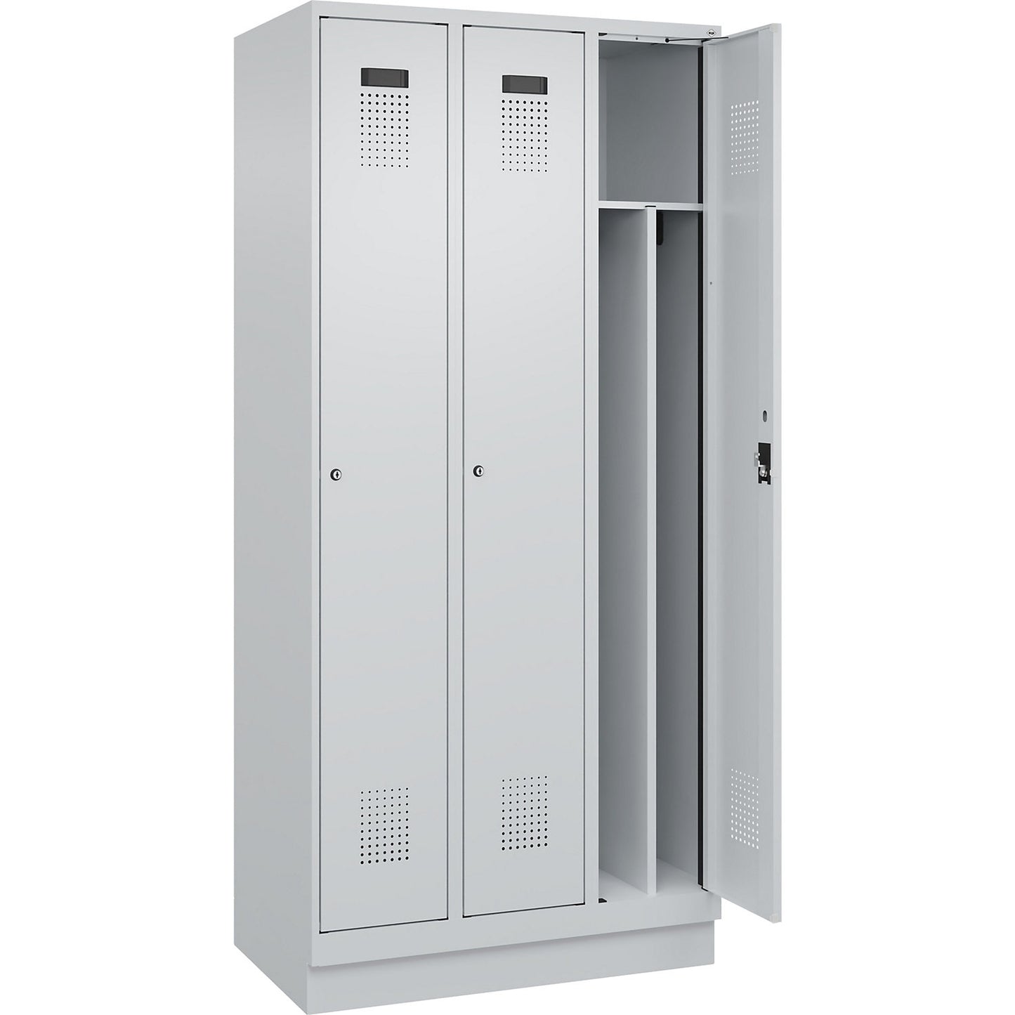 Evolo PLUS clean and dirty clothes locker, narrow, 3 compartments, shortened centre divider, light grey, W 900 mm, with base plinth, cylinder lock.
