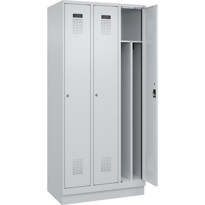 Evolo PLUS clean and dirty clothes locker, narrow, 3 compartments, shortened centre divider, light grey, W 900 mm, with base plinth, cylinder lock.