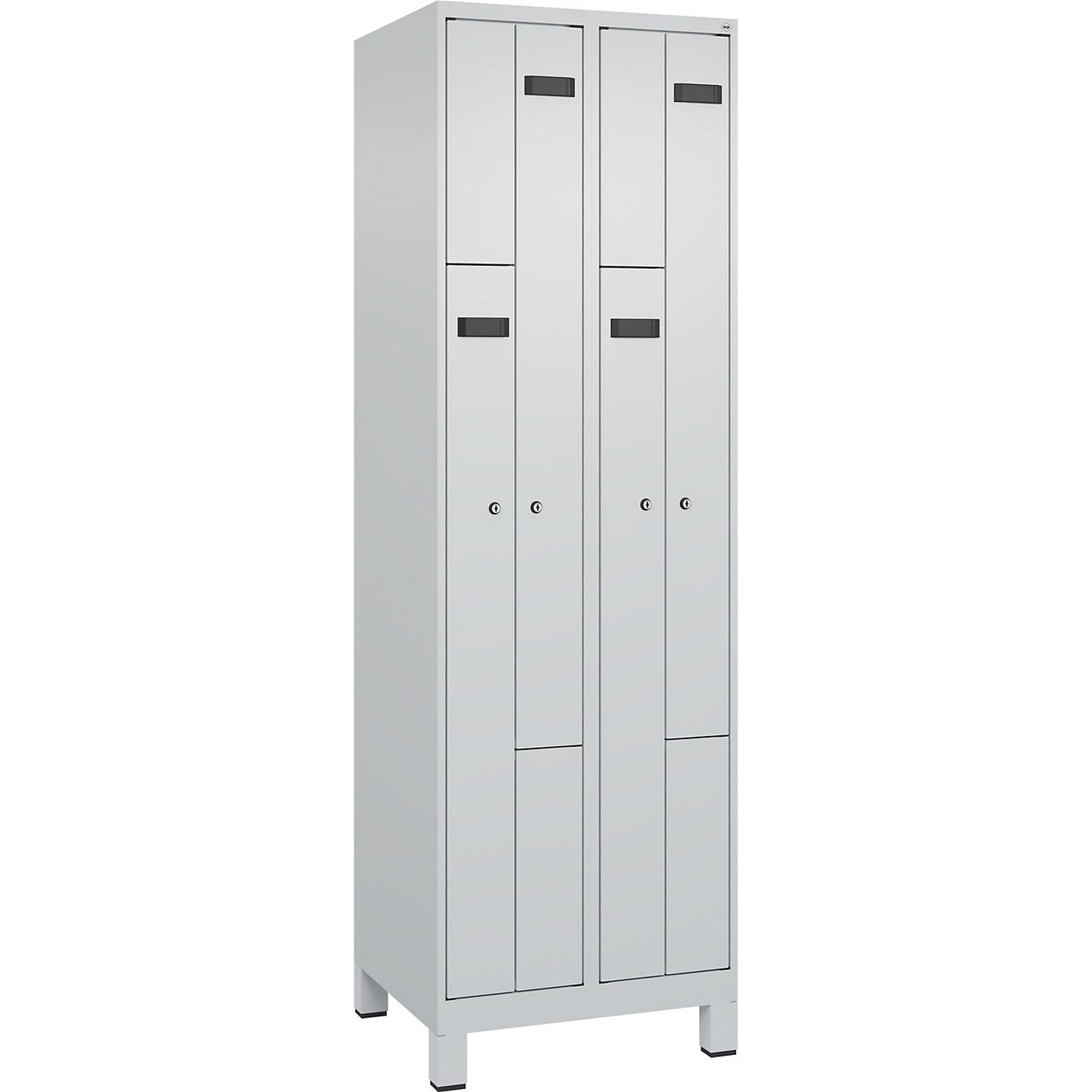 Evolo PLUS Z-locker, 2 compartments, light grey, W 600 mm, 4 compartments, with wide feet, cylinder lock.