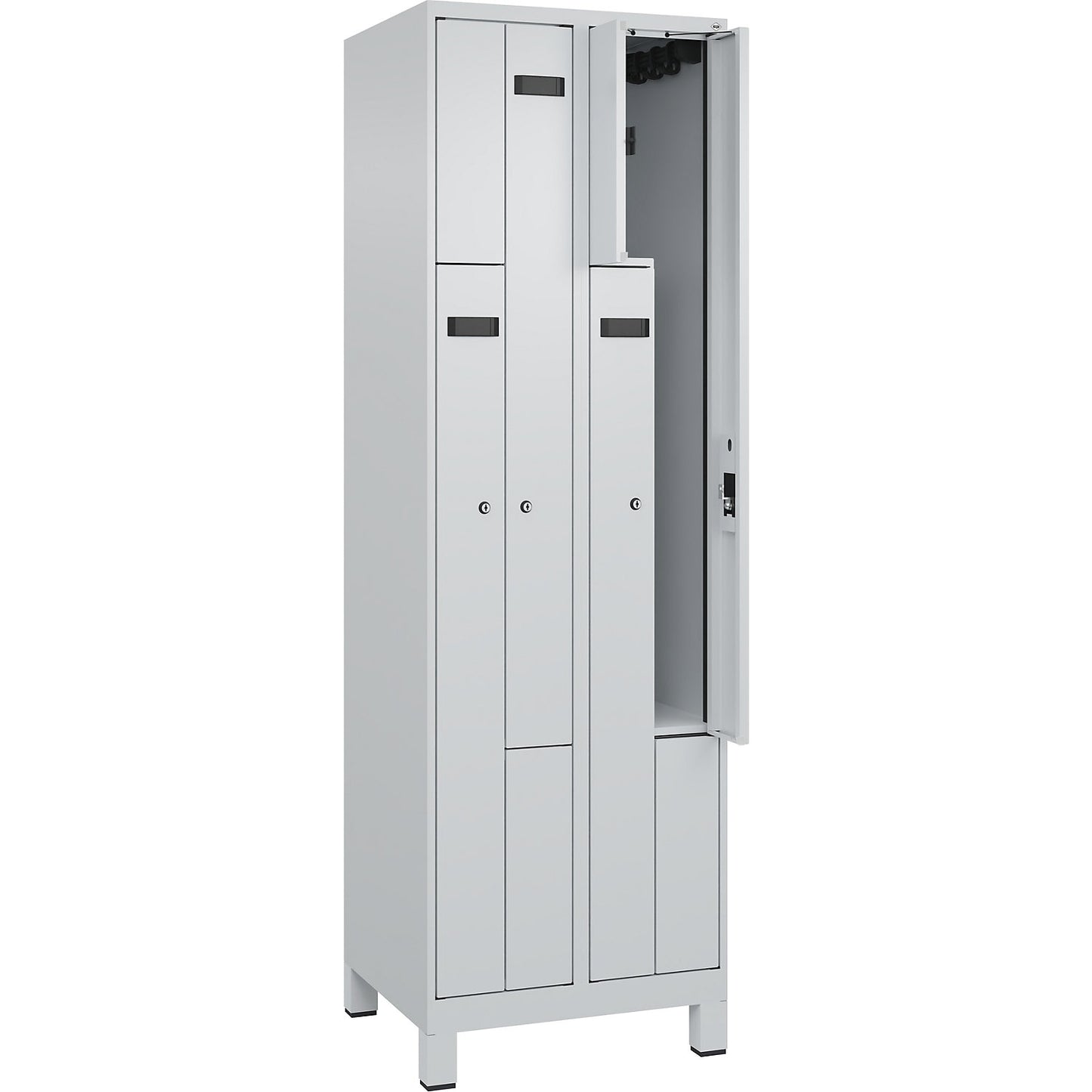 Evolo PLUS Z-locker, 2 compartments, light grey, W 600 mm, 4 compartments, with wide feet, cylinder lock.