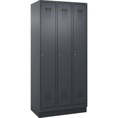 Evolo PLUS clean and dirty clothes locker, narrow, 3 compartments, shortened centre divider, grey, W 900 mm, with base plinth, cylinder lock.