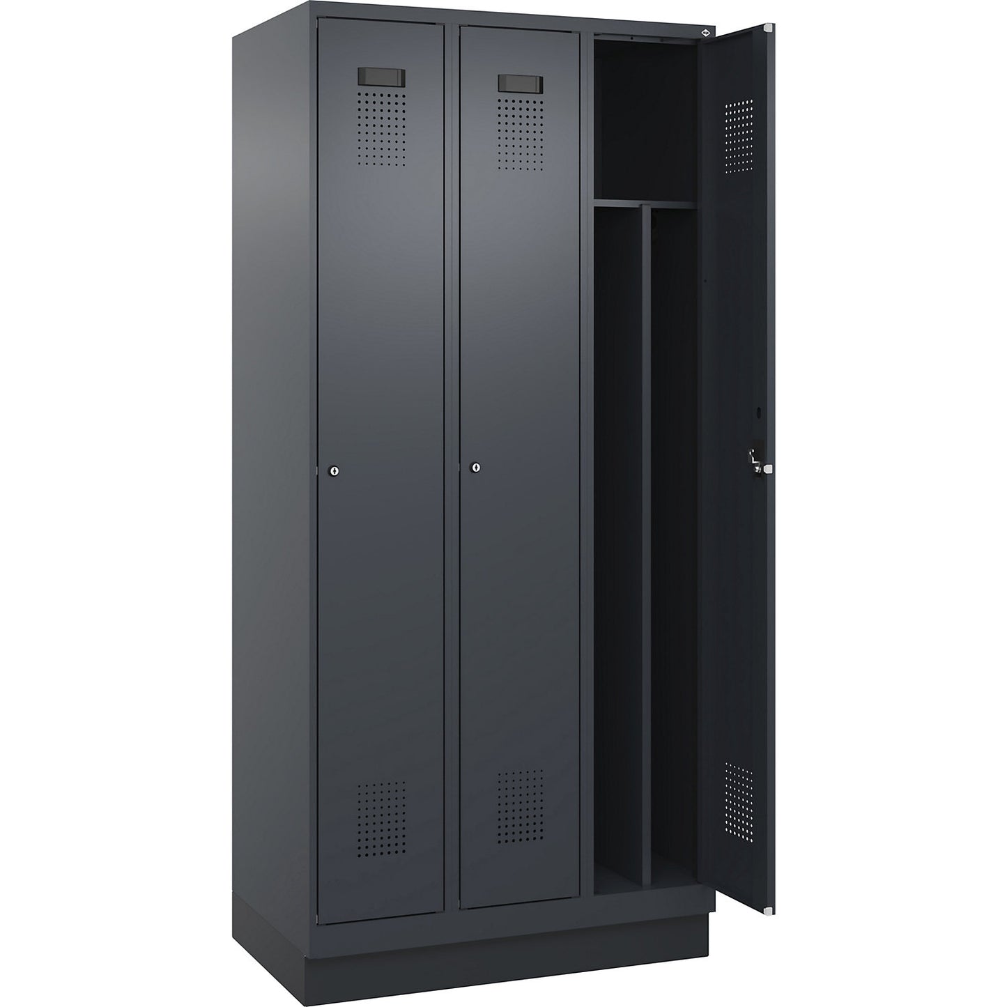 Evolo PLUS clean and dirty clothes locker, narrow, 3 compartments, shortened centre divider, grey, W 900 mm, with base plinth, cylinder lock.