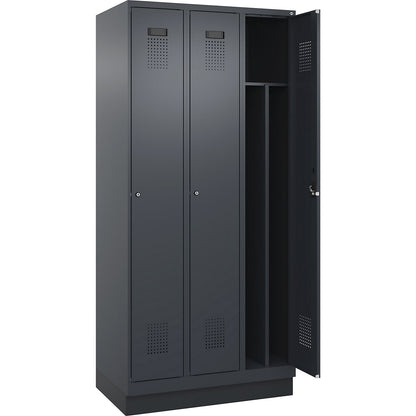 Evolo PLUS clean and dirty clothes locker, narrow, 3 compartments, shortened centre divider, grey, W 900 mm, with base plinth, cylinder lock.